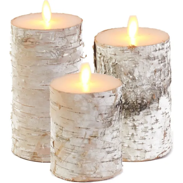 Anna's Collection Set van 3x stuks Wit berkenhout Led kaarsen met bewegende vlam - Sfeer stompkaarsen voor binnen