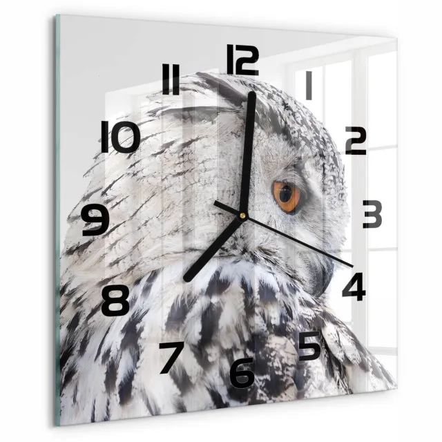TULUP Wandklok - Witte Uil Glazen Klok Met Print - 30x30 cm - Wit Wandklok Glas Met Motief - Zwarte handen - Vierkante Klok - Wandklok Glas Decoratie - Gekleurde Glazen Klok