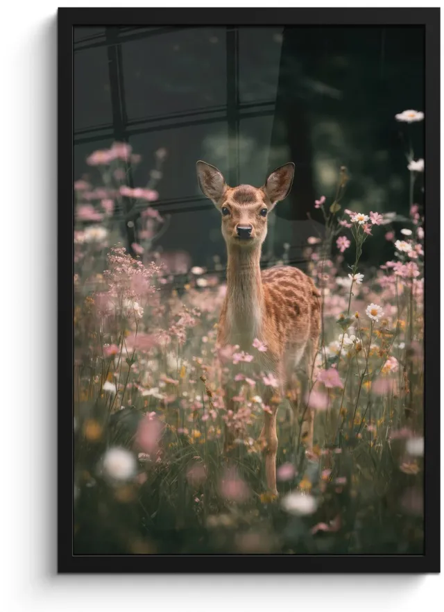 FrameYourWall Poster in lijst - Fotolijst 40x60 cm - Posters - Hert - Wilde bloemen - Bos - Posterlijst zwart - Decoratie - Wanddecoratie woonkamer - Muurdecoratie slaapkamer