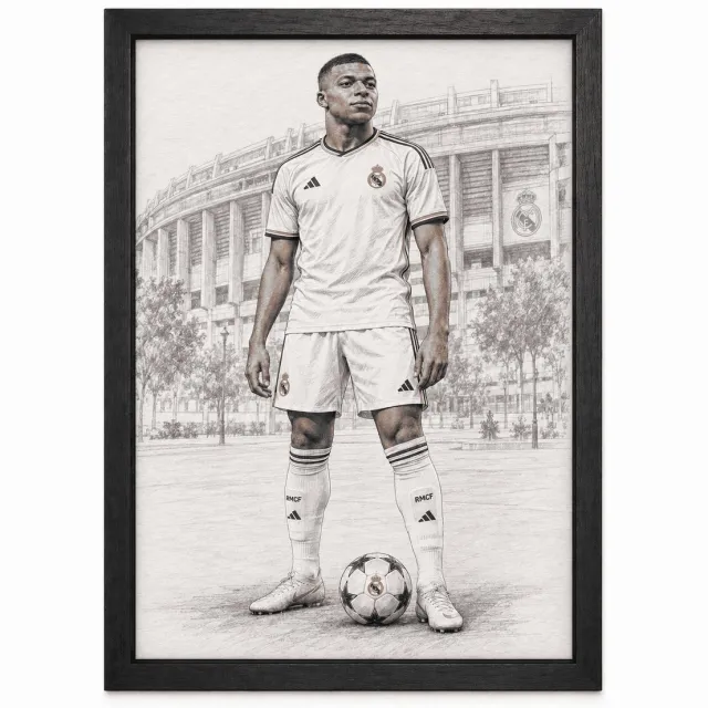 Joshimo Kylian Mbappé Poster | Real Madrid Schetsstijl | Inclusief Zwarte A3 Lijst