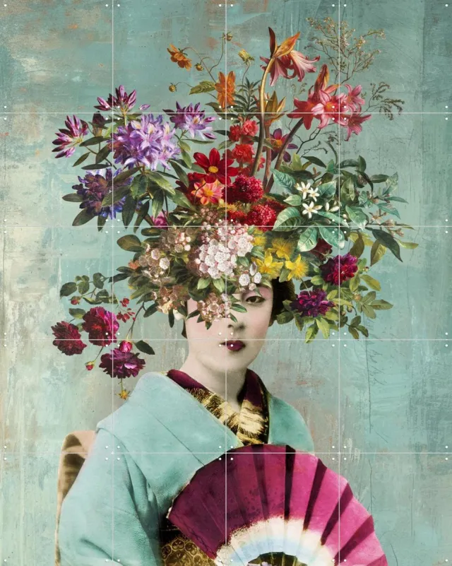 IXXI Botanical Japanese, Marja van den Hurk - 80 x 100 cm - Grote wanddecoratie en posters - Grafisch Ontwerp, Kleurrijk, Collage, Woonkamer Blauw / Roze / Paars