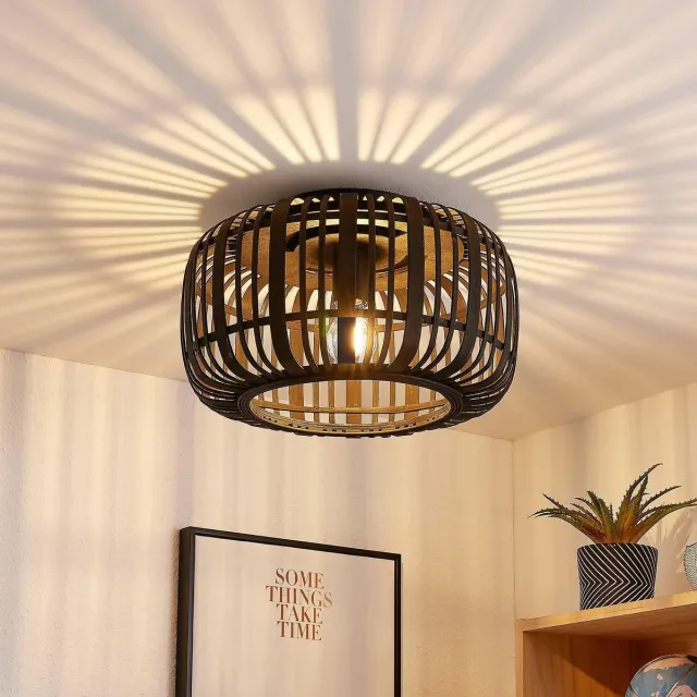 Lindby plafondlamp hout - 1licht - Hout, metaal - H: 24 cm - E27 - zwart