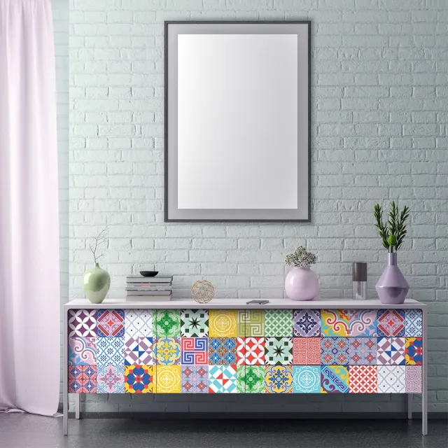 Ambiance Sticker Meubeldecoratiestickers - Zelfklevende stickers voor keuken en woonkamer - 24 KARIZA Cementtegel meubelstickers - 24 stickers 10x10cm Multi color