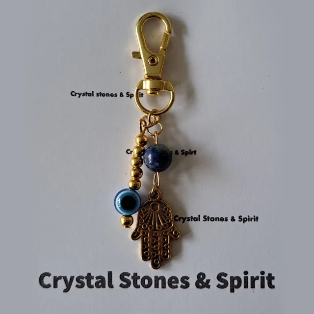 mineraalsteen Boze Oog / Khamsa met "Lapis Lazuli" , sleutelhanger goudkleurig blauw