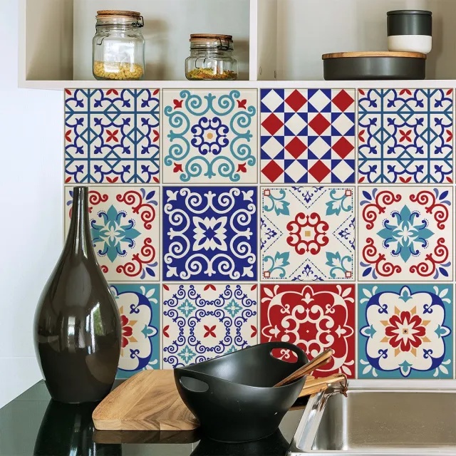 Ambiance Sticker Zelfklevende tegelmuurstickers voor keuken en badkamer - 9 cementtegelstickers, Azulejos Girano - 9 stickers, 15x15cm Multi color