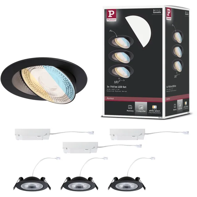 Paulmann LED-inbouwlamp White Select Aumus Set van 3 rond 105 mm 90° 3x5W 3x700lm 230V dimbaar White Select Zwart