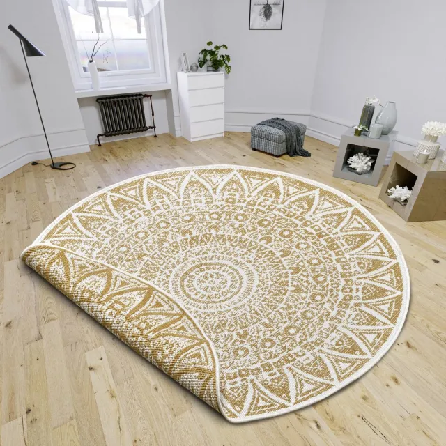 flycarpets Laagpolig Rond Vloerkleed - Omkeerbaar Binnen en Buitenkleed - Okergeel 140cm rond Ø