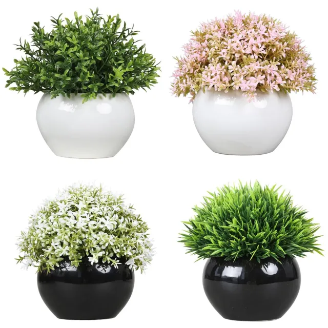 Triumpunpre Set van 4 Kunstplanten met Keramische Pot – Bolvormige Mini Planten met Bloemen – Tafelplanten voor Binnen – 2x Wit & 2x Zwart – Onderhoudsvrij – voor Woonkamer, Bureau & Vensterbank