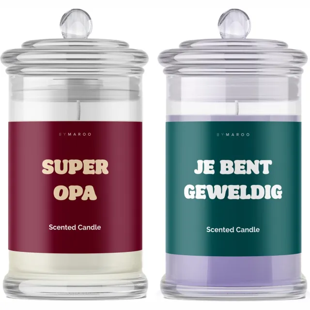 By Maroo Kaarsen geschenkset Opa - Super Opa Je Bent Geweldig - Grappige Cotton & Lavendel Geurkaarsen in Glas met Tekst - Verjaardag Cadeau Man, Opa - Geschenkset - Happy Birthday - Cadeautjes voor Hem Volwassenen