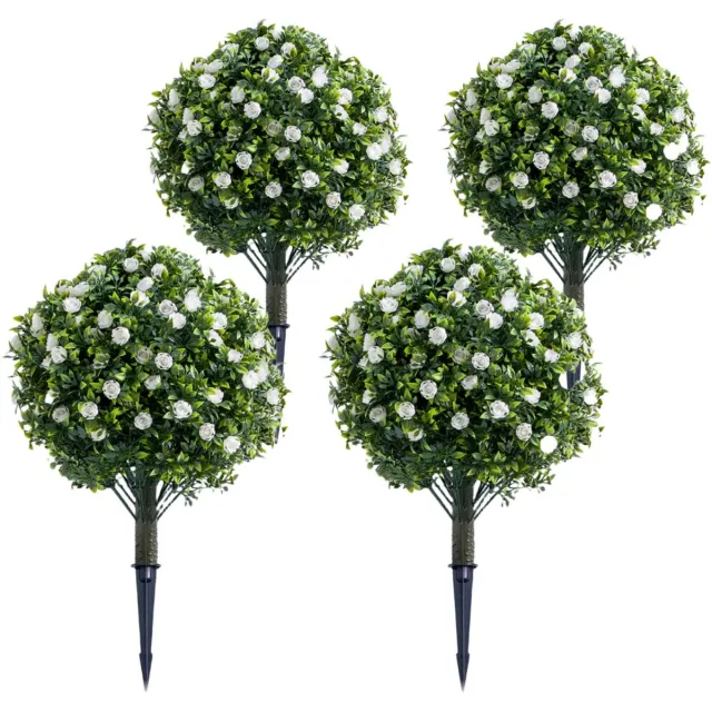 Triumpunpre Set van 4 Kunstmatige Bomen met Grondpen – Bolvormige Topiary Boom met Witte Bloemen – Kunstplant voor Buiten 60 cm – PE – Onderhoudsvrij – Tuin, Terras & Entree