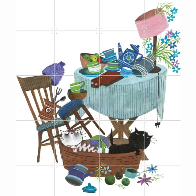IXXI Pim & Pom onder de tafel, Fiep Westendorp - 80 x 100 cm - Grote wanddecoratie en posters - Fantasierijk, Kleurrijk, Illustraties, Speels Blauw