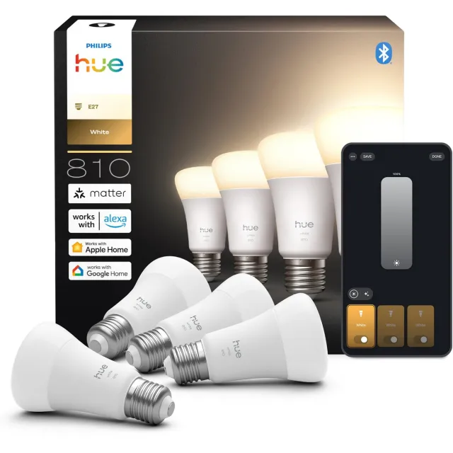 Philips Hue Slimme LED A60 lamp, Warm Wit Licht, E27 Fitting, 4-pack