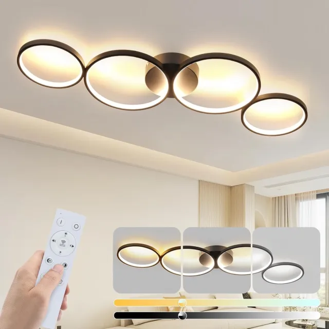 Glitzerlife Plafondlamp - Modern 4 Ringen Design - Dimbare LED Plafondverlichting - Afstandsbediening - Aluminium - Zwart - Ø88cm Zwart Traploze dimfunctie