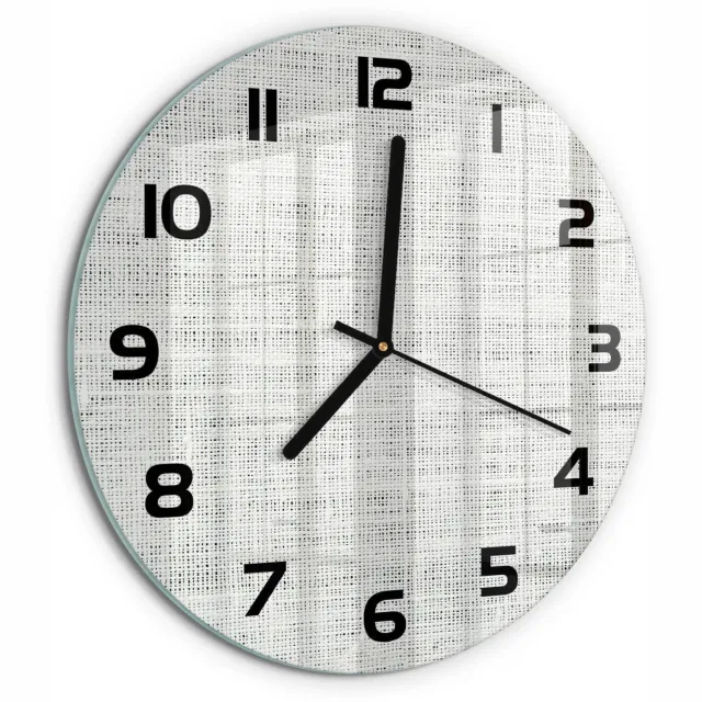 TULUP Wandklok - Wit linnen canvas Glazen Wandklok Design - fi30 cm - Wit Klok Glas Met Opdruk - Zwarte handen - Ronde Klok - Wandklok Glas Met Motief - Decoratieve Glazen Klok