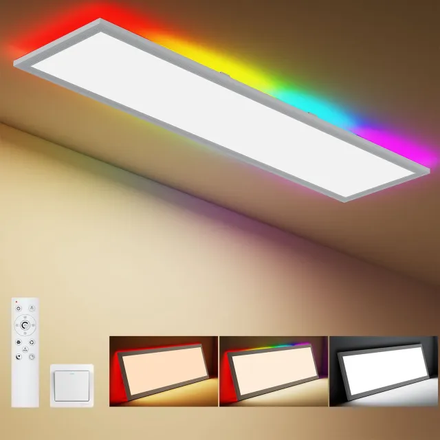Amdelne LED Deckenleuchte Lang Flach 100cm - 34W - 3000K-6500K Dimbare - LED Plafondlamp met RGB Sfeerlicht - met Afstandsbediening - Nachtlamp & Timer - Woonkamer & Gaming Wit