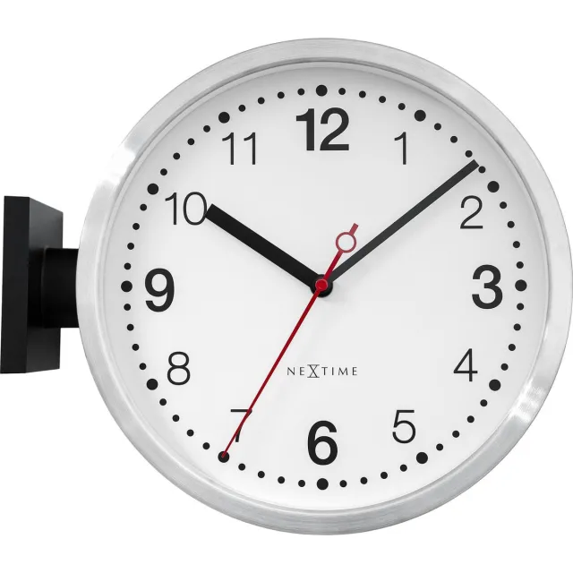 NeXtime Double – Wandklok – 32.3 × 28 × 10 cm – Aluminium – Wit/Zwart – Stil Zilver