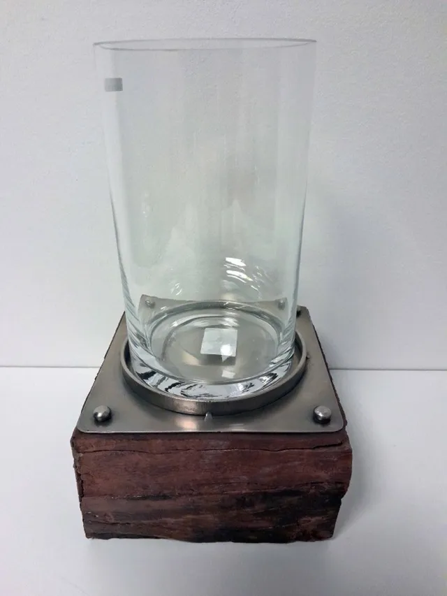 Boltze Windlicht - 20x42cm - Blok - industrieel - Glas - RVS - Hout Ø 15cm. Bruin