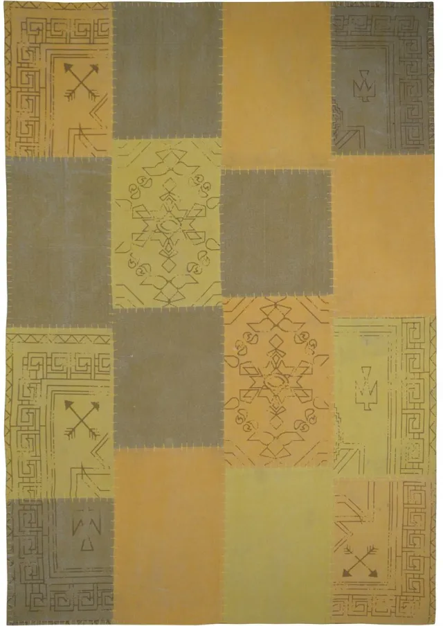 Padiro design laagpolig vloerkleed 120 x 170 cm - oker / geel - patchworkontwerp - met grote rechthoekige vlakken en vintage-ornamenten - voor vloerverwarming - van katoen