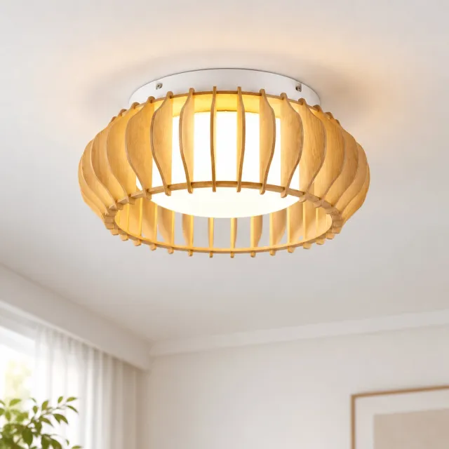 Lemlit Houten LED Plafondlamp - Moderne Plafonnière 40 cm met Houtlook Design, 2200 lm 3000K Warm Wit, Plafondverlichting voor Woonkamer Slaapkamer Keuken - Naturel Naturel- 22W