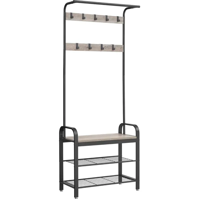 FurnStar Kapstok - Kapstok met Schoenenopbergbank - 4 in 1 Design - met 9 Afneembare Haken - Een Kledingroede - Voor Hal - Entree - 33,7 x 72 x 183 cm - Industrieel - Zwart Greige en Zwart