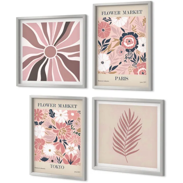 Coloray 4-Delige Schilderij Set - Bloemmotieven met bladeren en geometrische vormen - 40 x 40 cm en 40 x 60 cm - Moderne Wanddecoratie - Woonkamer - Decoratieve Schilderijen Zilveren lijst