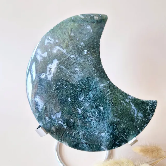 Moonlight Gemstones XL Edelsteen Mosagaat Maan op Standaard (Druzy & Patronen) #155 - 430g 13,7cm Meerkleurig