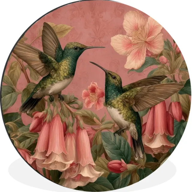 WallCircle Wandcirkel - Muurcirkel - Kolibries - Bloemen - Groen - Roze - Aluminium - Dibond - 140x140 cm - Binnen en Buiten