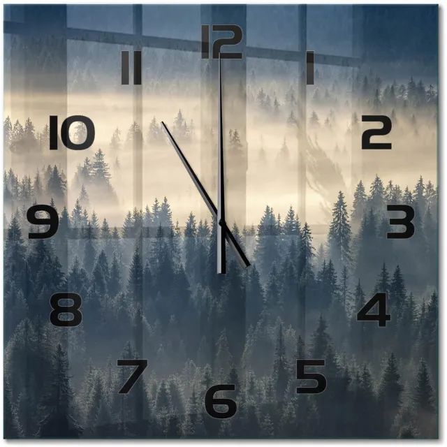 TULUP Wandklok - Mist boven het bos Gekleurde Glazen Klok - 60x60 cm - Grijs Glazen Klok Met Print - Zwarte handen - Vierkante Klok - Moderne Wandklok Glas - Wandklok Glas Decoratie