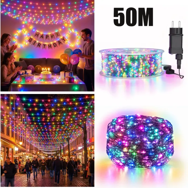 Froadp Kupferdraad Lichtenketting Gekleurde lampjes 50M 500 LEDs Kerstverlichting Waterdicht Kerstverlichting Met 8 Modi Afstandsbediening Timer IP44 Waterdicht Kerstverlichting Buiten Binnen Balkon Tuin