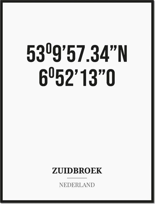 Studio216 Poster/kaart ZUIDBROEK met coördinaten zwart, wit