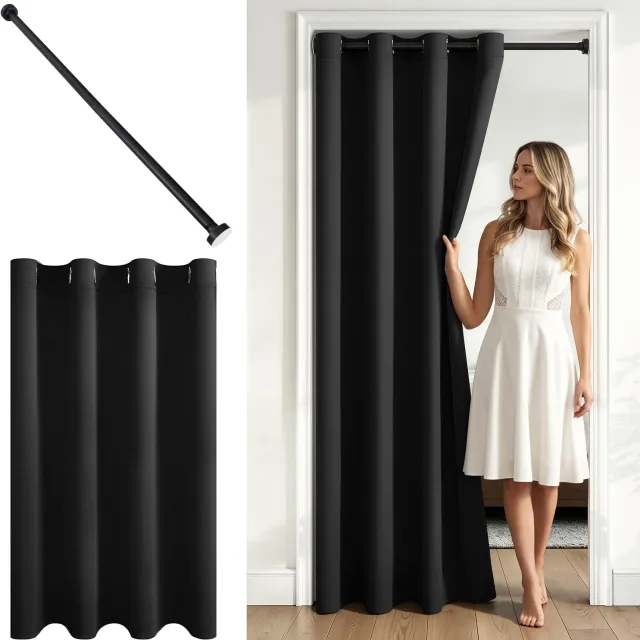 Famanu Zwart deurgordijn met gordijnroede, ondoorzichtig, 240x140 cm, eenvoudig te installeren zonder boren, ideaal voor huurwoningen en het creëren van privacy