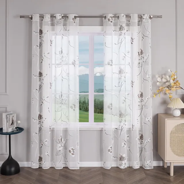 Unyqoos Transparant gordijn met bloemenpatroon en inslagringen voor woonkamer 140 x 225 cm wit