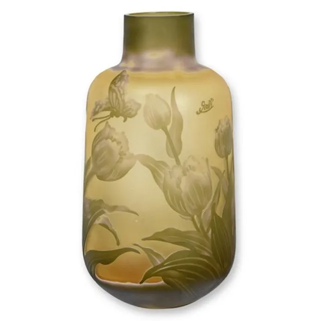 VntiQue Cameo Vaas - Tulp - Cameo Glazen Vaas - Glas Decoratie - Tafeldecoratie - Bloemenvaas - Tafelvaas - 20x20x38 Geel