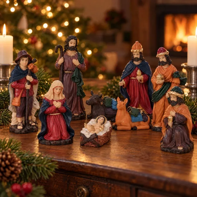 Cheqo Kerststal Figuren Set van 9 - 15 cm Hoog - Kerstgroep - Handgeschilderde Kerstbeeldjes - Kerstfiguren - Beeldjes voor Kerstkribbe - Maria Jozef en Kindje Jezus - Drie Koningen en Herder - Os en Ezel - Kerstscène - Kerstdecoratie groen