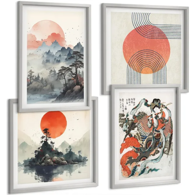 Coloray 4-Delige Schilderij Set - Aziatische Schilderijen: Landschappen En Portretten In De Japandi-Stijl. - 40 x 40 cm En 40 x 60 cm - Stijlvolle Wanddecoratie - Interieur - Decoratieve Schilderijen Zilveren lijst