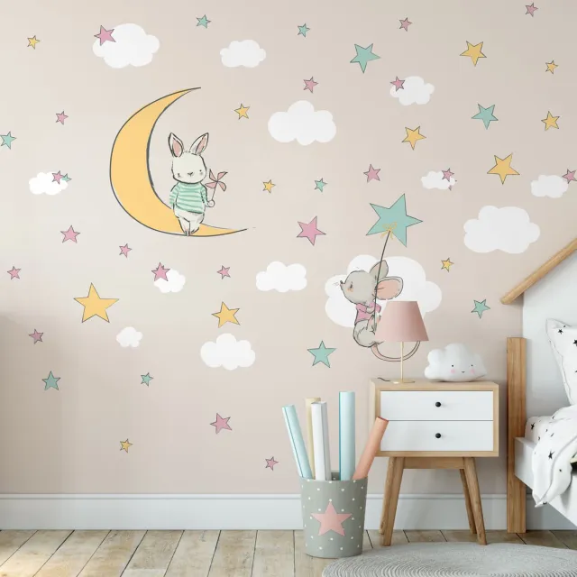 Ambiance Sticker Muurstickers - Konijn en muis die naar de sterren reiken - Zelfklevende stickers - 120x90cm Multi color