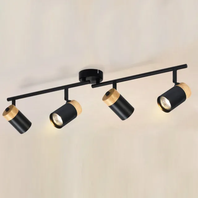 Haobosic 4-Caps GU10 - Plafondlamp - Zwart + Hout - 62x12x16cm - Verstelbare Hoek GU10 Fitting Black