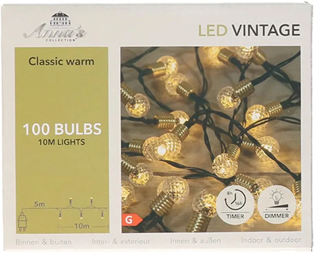 Anna's Collection Lichtsnoer - vintage bolletjes - 100 led lampjes - warm wit - 10 m - sfeerverlichting - kerstverlichting