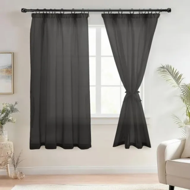 ShawnQ Voile gordijnen met plooiband, linnenlook, 2 stuks, halftransparant, zwart, 160 x 140 cm