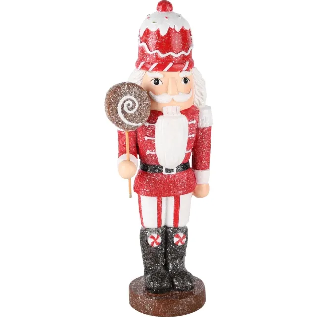 dekoratief Notenkraker m/lekstok, rood/wit, resina, 9x7x26cm | A245237