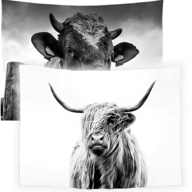 Ulticool Wandkleed Set van 2 – Schotste Hooglander Koe Zwart Wit – Met Bevestigingspinnen - voor Binnen - Aesthetic Room Decor Wandtapijt Decoratie Poster Boho Wanddoek