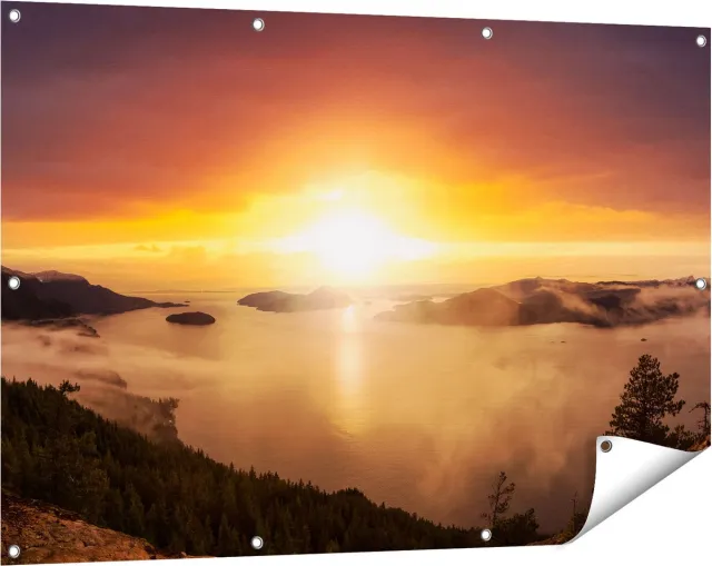 Gards Tuinposter Zonsondergang in de Bergen met Wolken - 120x80 cm - Tuindoek - Tuindecoratie - Wanddecoratie buiten - Tuinschilderij Multikleur