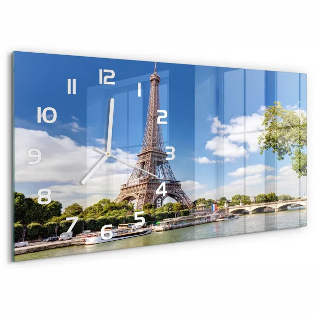 TULUP Wandklok - Eiffeltoren Parijs Klok Glas Met Opdruk - 60x30 cm - Blauw Moderne Wandklok Glas - Witte handen - Rechthoekige Klok - Decoratieve Glazen Klok - Glazen Wandklok Design