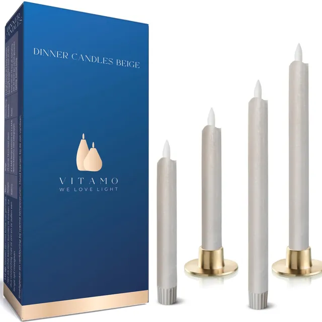VITAMO Rustieke Dinerkaarsen Set - LED Kaarsen met Echte Wax en Realistische Flikkering - Met Timerfunctie - Natuurlijke en Sfeervolle Uitstraling - Stijlvol Greige (Warmgrijs - 4 Stuks) Beige