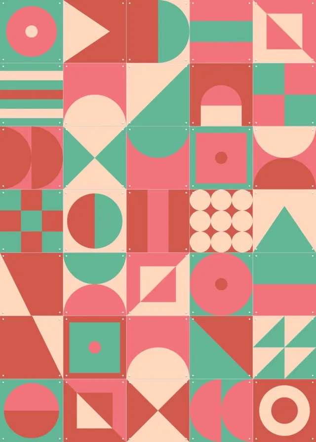 IXXI Rode Geometrische Collagebox, IXXI - 100 x 140 cm - Grote wanddecoratie en posters - Speels, Digitale Kunst, Kleurrijk, Abstract, Geometrische Rood / Kleur / Groen / Roze