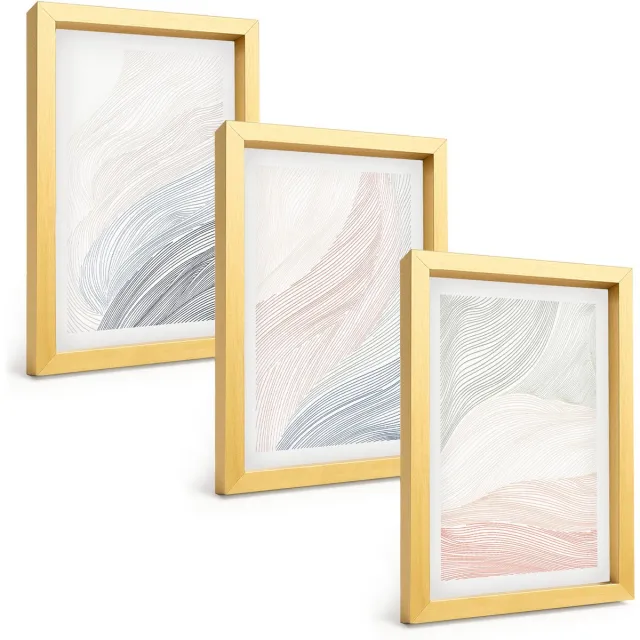 TULUP 4-Delige Schilderij Set - Abstracte golven schilderij op karton met pastelkleuren - 20 x 30 cm - Moderne Wanddecoratie - Slaapkamer - Interieur Decoratie Gouden lijst