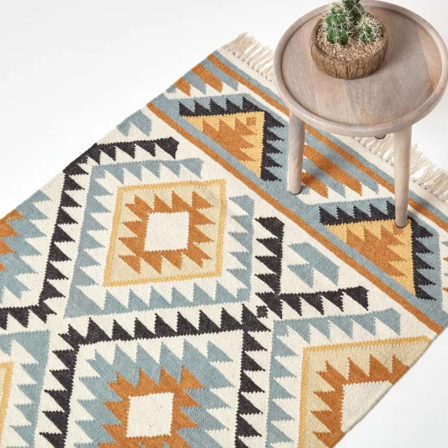 Homescapes Kilim tapijt Agra 90x150 cm – handgeweven tapijt van wol en katoen Kleurrijk: Geel, Goud, Grijs, Zwart, Wit