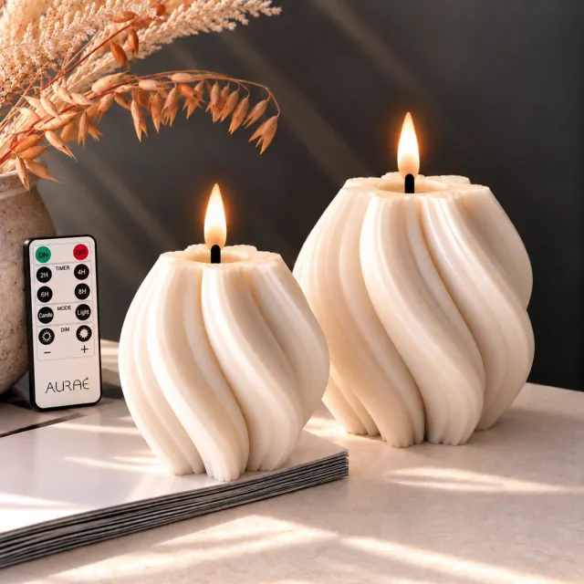Aurae Twisted Led Kaarsen met Afstandsbediening - 2x - Echte Wax - Flikkerende Vlam - 200+ Branduren - op Batterijen - Timer - Kerst Kaarsen Twist Set