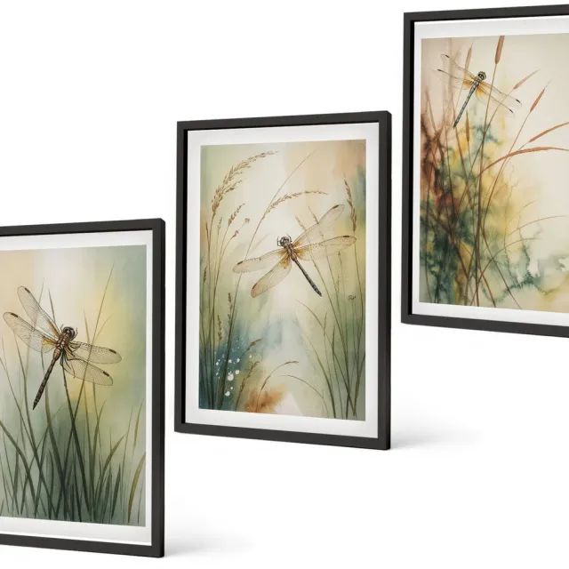 Coloray 3-Delige Schilderij Set - Geschilderd Gras Met Libellen Boven Het Water. - 40 x 60 cm - Wanddecoratie - Schilderijen Set - Interieur Zwarte lijst