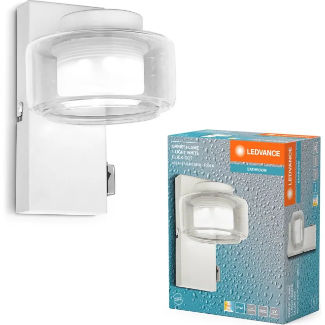 LEDVANCE ORBIS Flame wand- en plafondlamp met LED, wit, 5,5W, 350lm, 3000/4000K, kleurtemperatuur instelbaar via wandschakelaar (koud wit en warm wit), IP44 bescherming tegen vreemde voorwerpen en spatwater